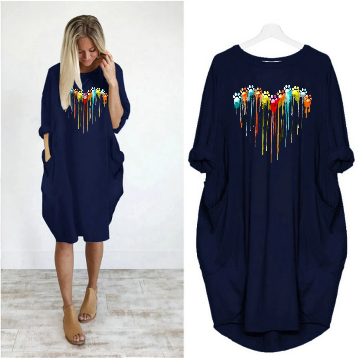 Vestido de bolsillo de manga larga holgado de talla grande con estampado de corazón y huella de primavera y verano para mujer