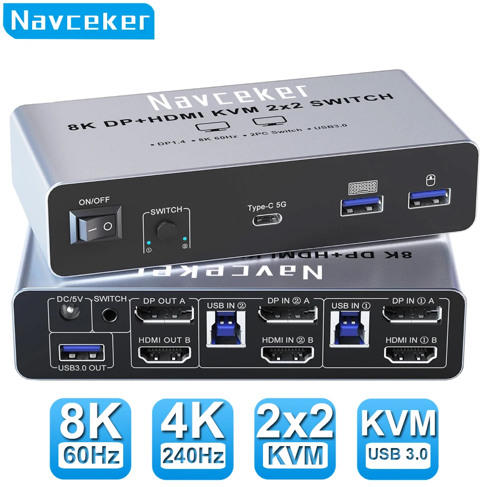 Navceker 4K 240Hz 2x2 HDMI DP KVM 스위치 듀얼 모니터 확장 디스플레이 USB KVM 스위처 2 in 2 out for 2 컴퓨터 2 모니터