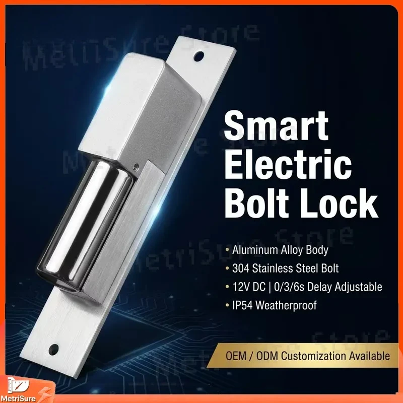 Bolt Lock 12V Fail-Safe Electromagnetic Door Lock with Adjustable Delay 0s 3s 6s Stainless Steel Tongue for Glass