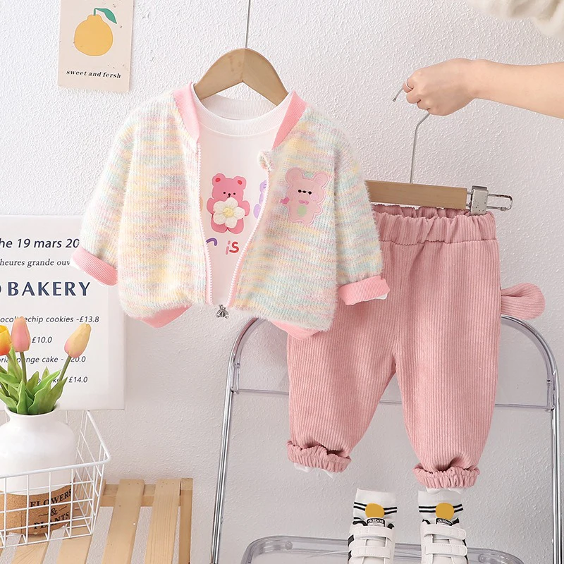 Spring Children Clothing Sets Baby Girls Coat T Shirt Pants 3 Piece Suit Kids Sportswear Cartoon Bear Infant Clothes Outfits