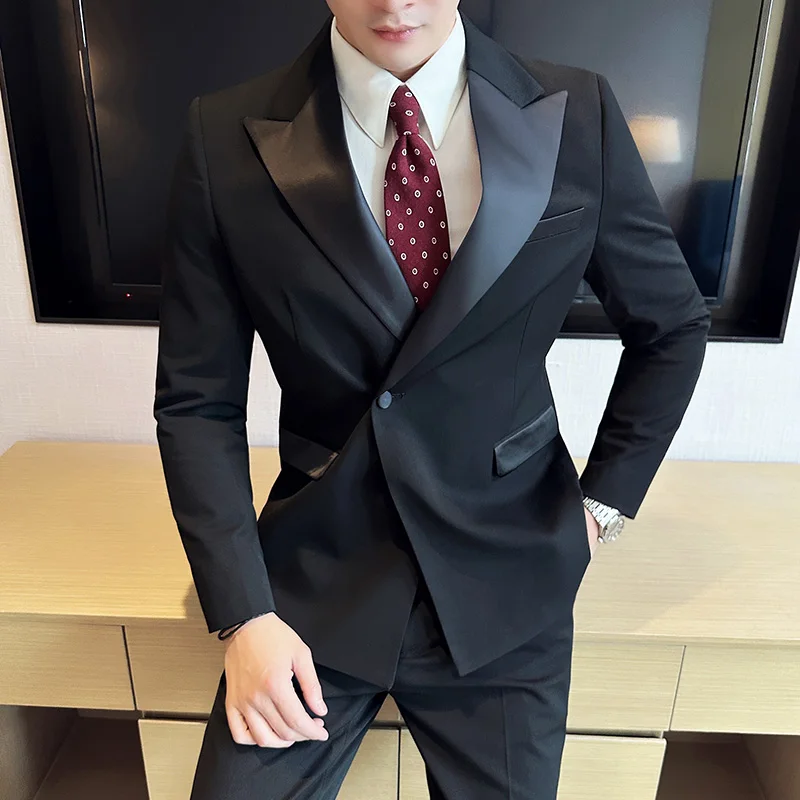 

High Quality Wedding Dress Suit Set Men British Style Splicing Casual Business Suit Office Work Party Prom 2 Pieces Suits 2025