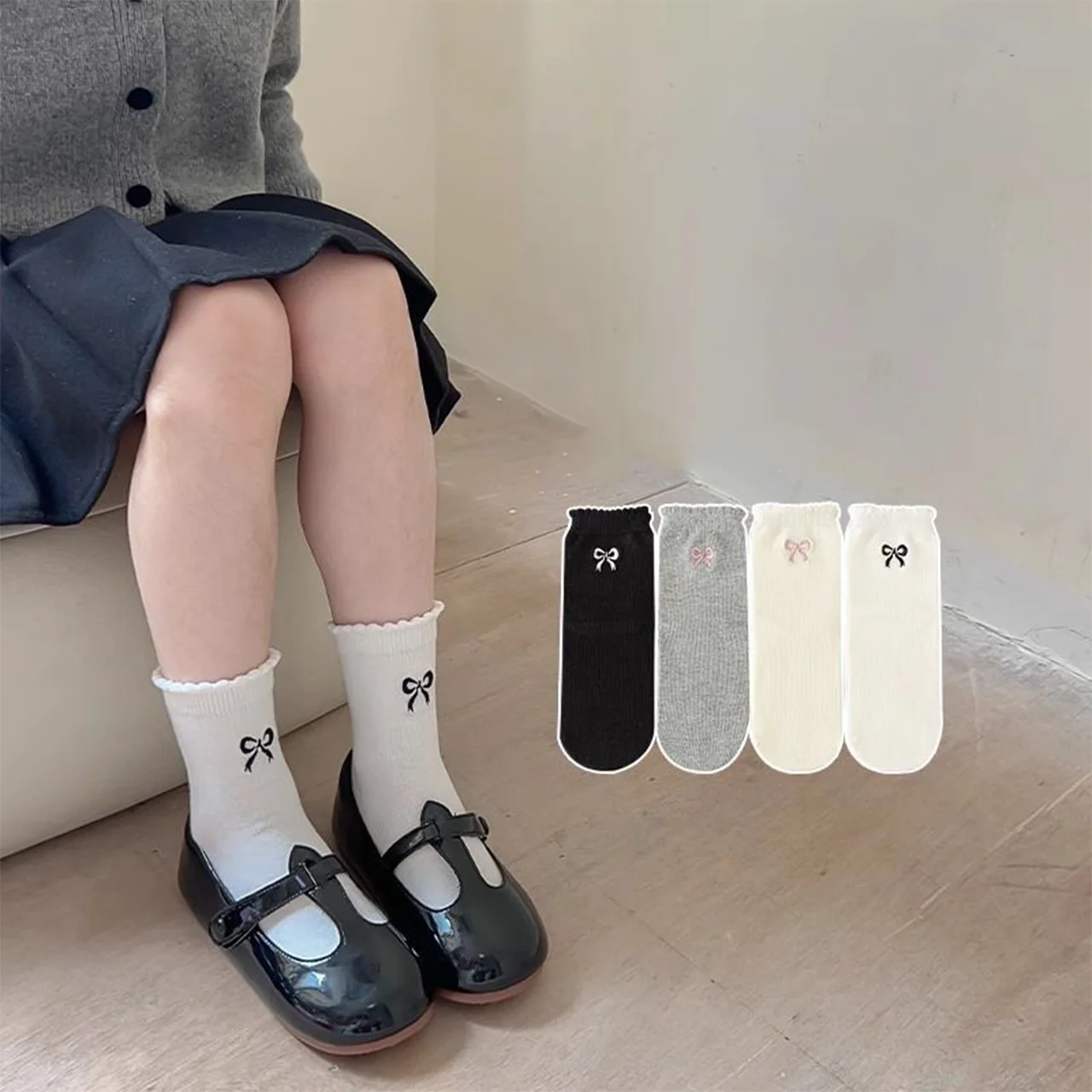 

4Pairs Spring Autumn Cotton Socks for Girl Bow Embroidery Middle Tube Sock Princess Ruffle Stockings 3-12Years Kids Casual Socks