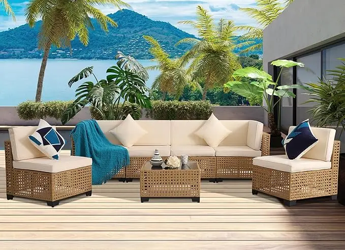 

7 Pieces Modular Outdoor Sectional Sofa All-Weather PE Rattan Sectional Sofa with Cushions and Glass Coffee Table