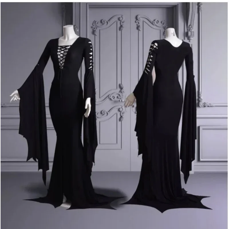 Halloween costume Morticia gcams cosplay floor dress adult women punk Gothic witch vintage sexy lace up slim Halloween gown