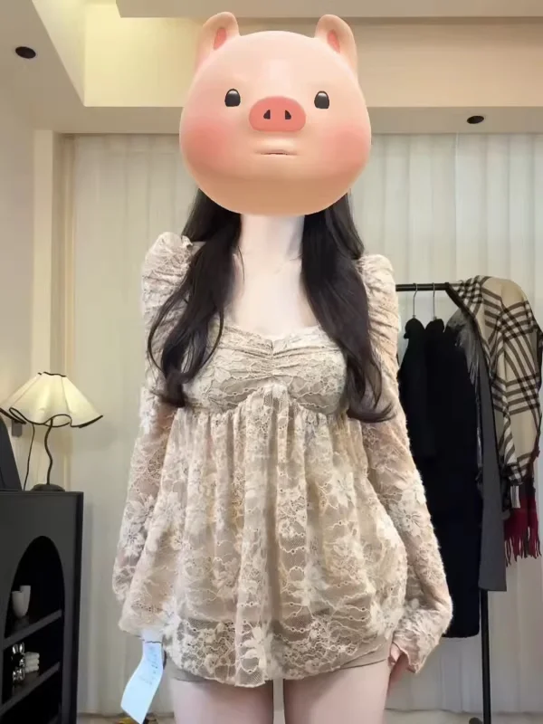 

Spring New plus Size Lace Long Sleeve Shirt Waist Cinched Sexy Girl Style Design Korean Version Commute Style Women's Shirt