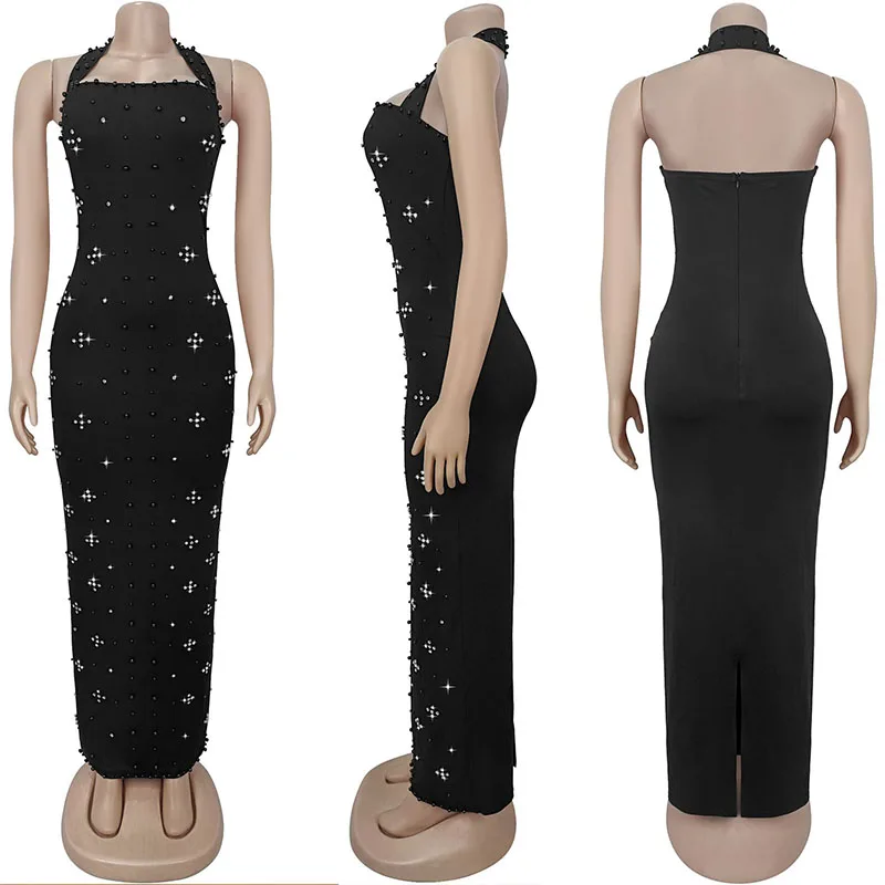 เซ็กซี่เพิร์ลเพชรBodycon Maxiชุดผู้หญิงElegant Evening Night Party Club Halter Backless SheathแยกชุดยาวVestidos
