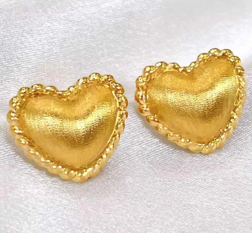 New 24K Yellow Gold Earrings Women 999 3D Gold Big Heart Stud Earrings