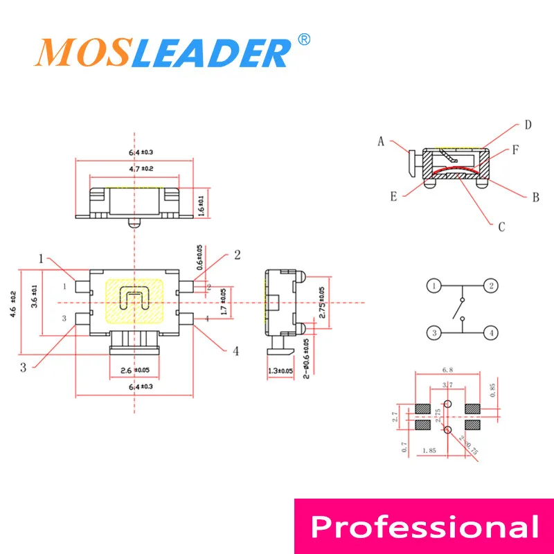 Mosleader 1000 قطعة مفتاح براعة السلحفاة المتوسطة زر اللمس 4P 3.5*4.7 3.5x4.7 زر التبديل الجانبي مع موقع الشريط السائبة