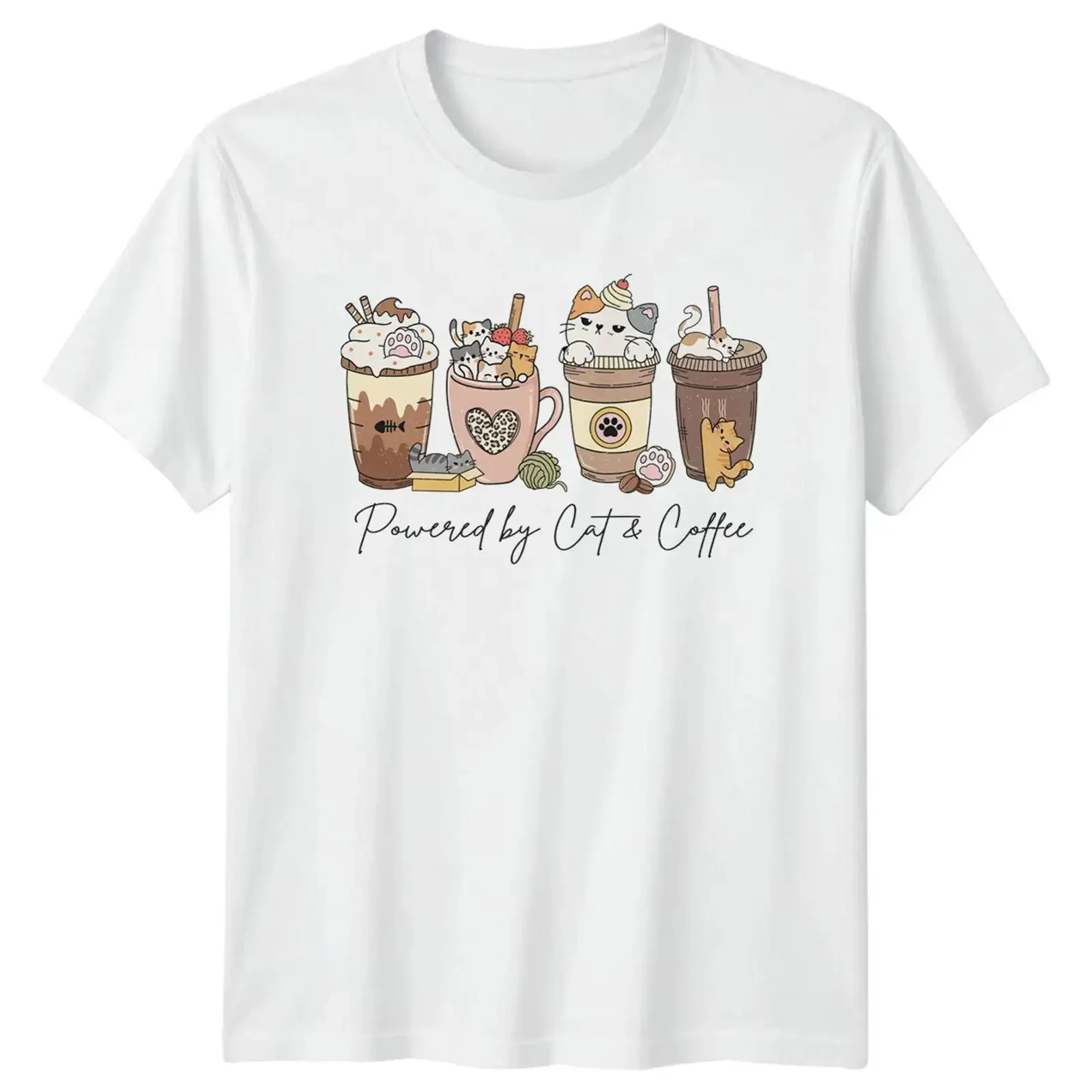Powered By Cat amp Coffee T Shirt Cute Lover  vintage Washed designer clothes Slightly fashion Comfortable Stretched Soft homme
