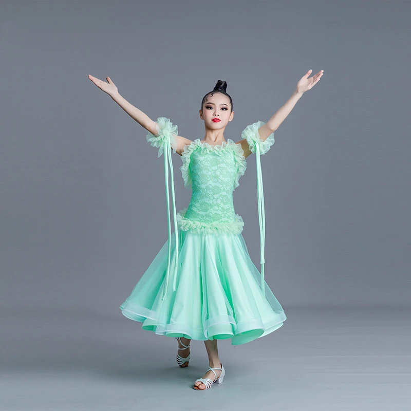 Kids Ballroom Dance Competition Dress Lace Standard Dancing Clothes Girls Tango Practice Wear Waltz Dance Stage Costume VDB6646