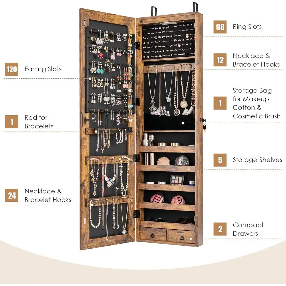 Rustic Brown Wall-Mounted Jewelry Armoire with Full-Length Mirror, LED Lights, Lockable Organizer, and Storage view 4
