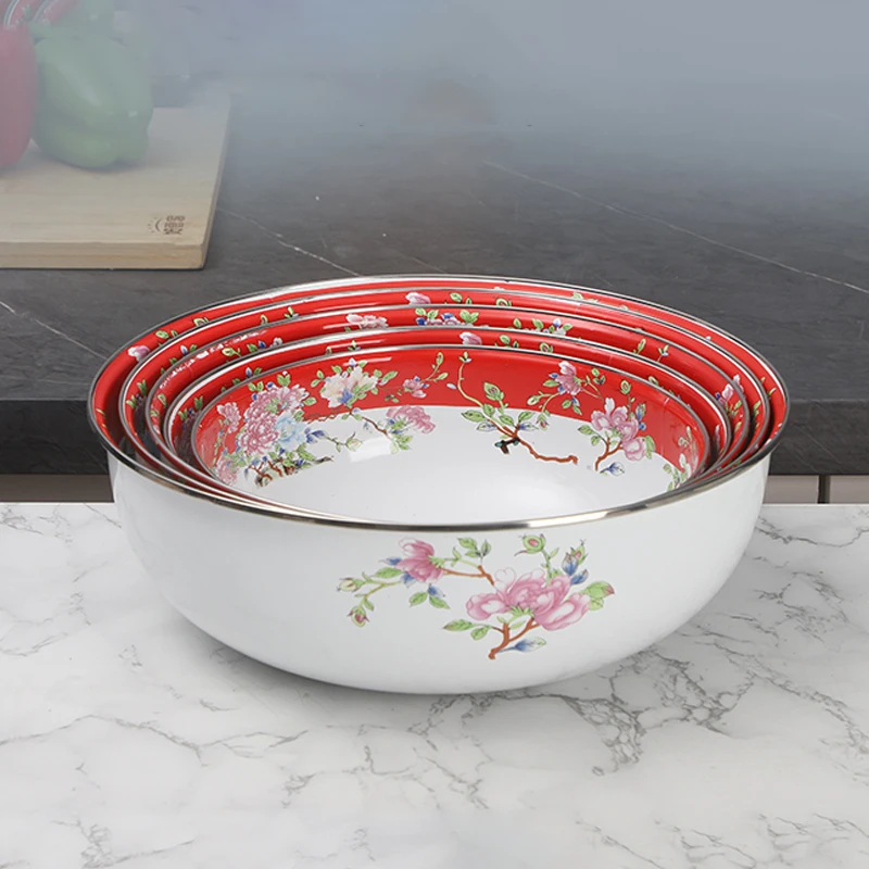 Enamel Soup Basin Large Capacity Kitchen Utensils Vintage Flower Enamel Noodle Bowl Classical Craft Vegetable Meat Container