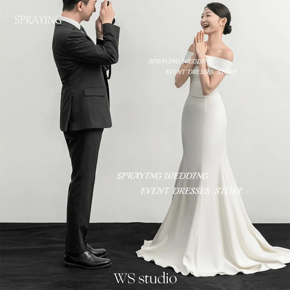 

SPRAYING Korea Wedding Dresses Photoshoot Simple Satin A Line Floor-Length Bridal Gown One Line Collar Corset Back Wedding Dress