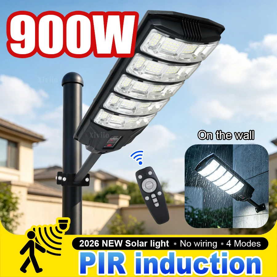 

2026 Most Powerful LED Solar Light 900W Solar Street Light Dusk To Dawn Motion Sensor Solar Lamp for Garage Garden Street Light
