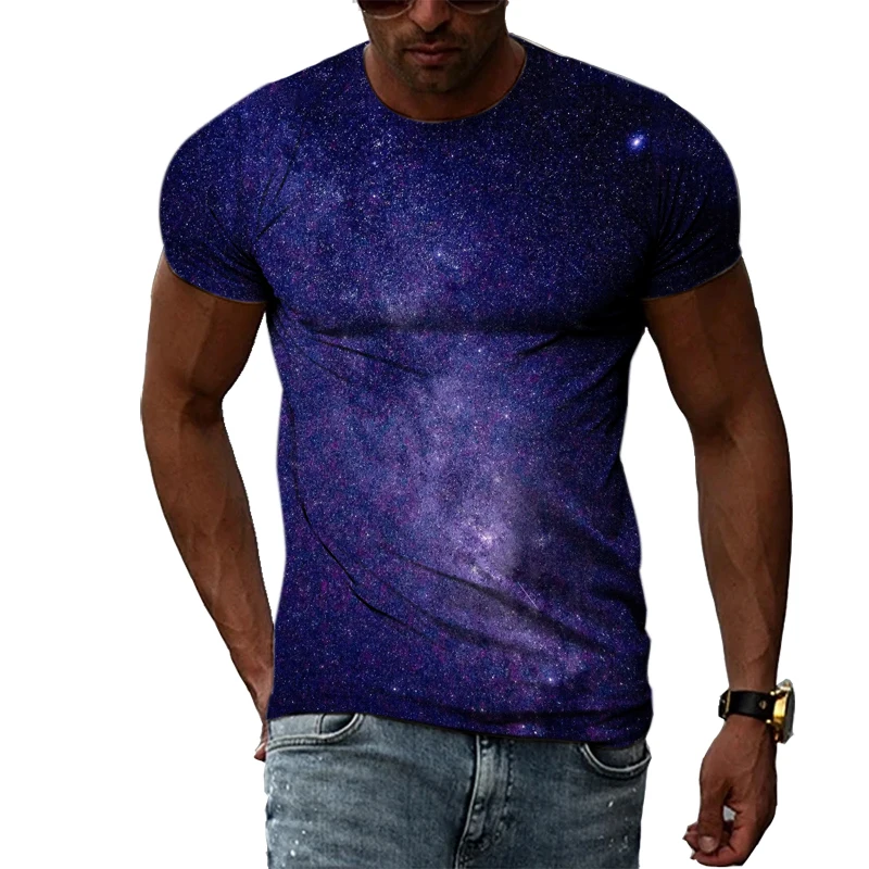 Summer Hot Sale Starry Sky 3D Printed T-Shirt Purple Galaxy Universe Men\'s O-Neck Fashion Short Sleeve Hip Hop Street Casual Top