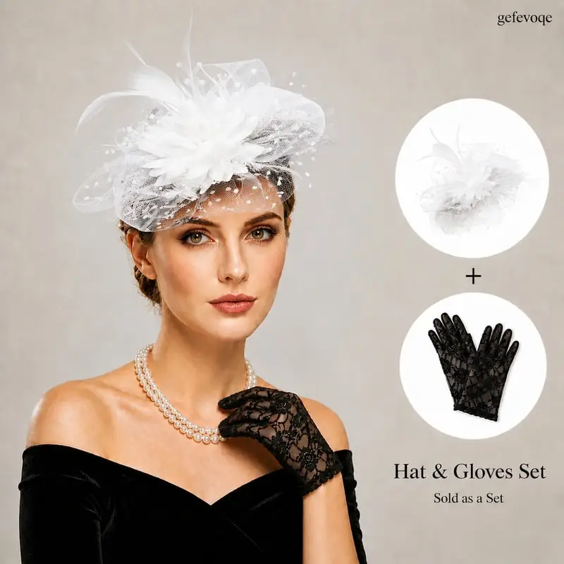2PCS Fascinator Hat and Lace Gloves Set Elegant Womens Headwear for Tea Party Wedding Derby