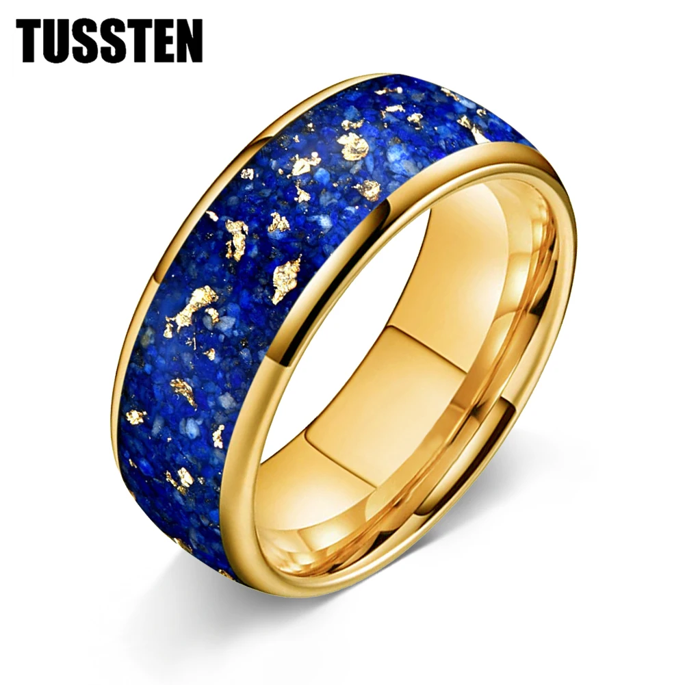 TUSSTEN 4/6/8MM Men's and Women's Wedding Tungsten Ring Inlaid Lapis Lazuli And Gold Foil Inlay Comfortable Fit