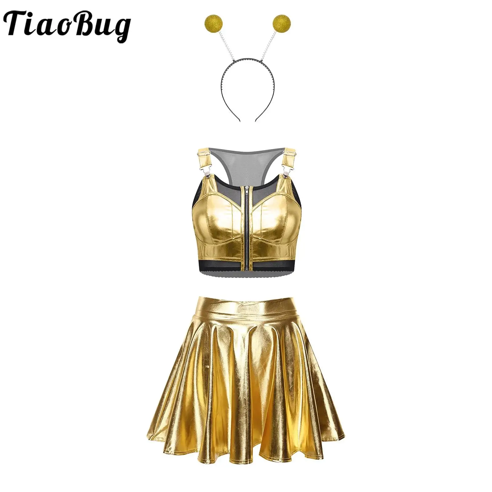 Women Alien Dress-up Costumes Outfit Clubwear Pole Dancewear Mesh Patchwork Crop Top with Headband And Skirt for Halloween Party