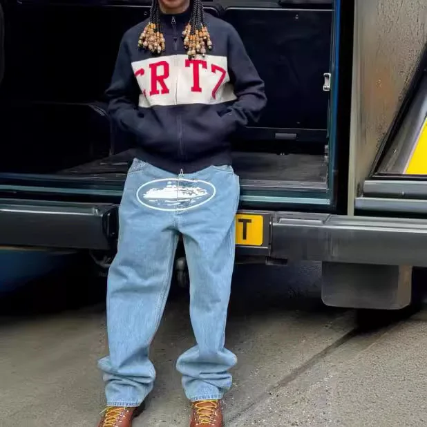 

Casual Straight Leg Men's Jeans Hip Hop Print Loose Long Trousers American Sle Trendy Brand Free Size Autumn Season Jeans