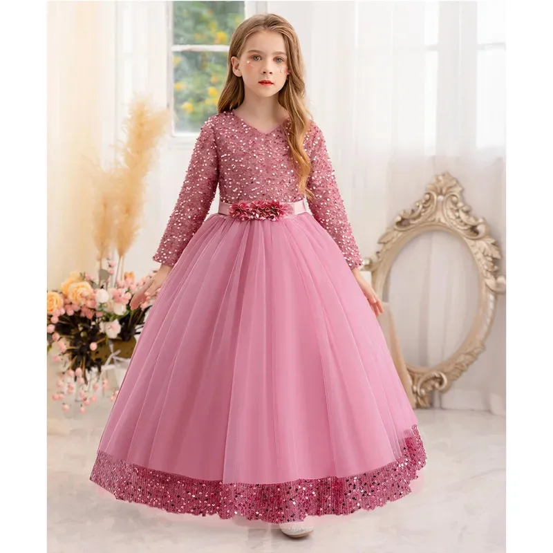 

Little Big Girls Winter Long Sleeves Sequined Flower Girl Birthday Party Pageant Holiday Long Dress 23822