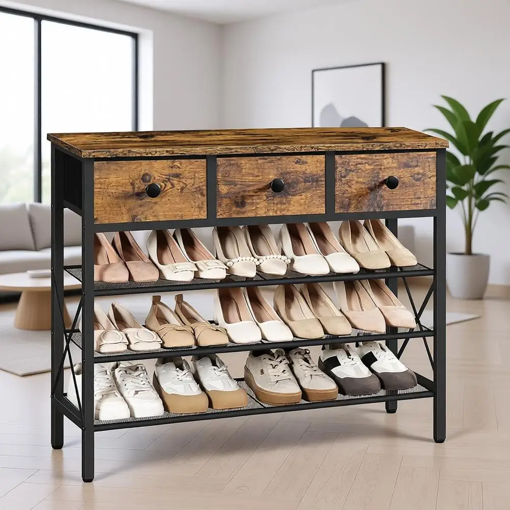 

4-ярусная полка для обуви, 3 ящика, металлический органайзер на 15 пар, стеллажи для хранения, деревянная столешница, идеально подходит для прихожей, коридора, гардеробной, Россия
