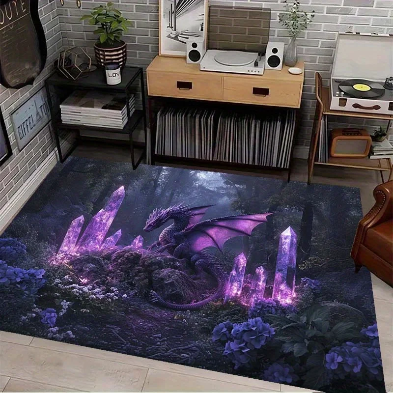 Magic Forest Purple Dragon Print Area Rug, Non-Slip Floor Mat for Bathroom Living Room, Large Yoga Bedroom Dorm Decor Gift