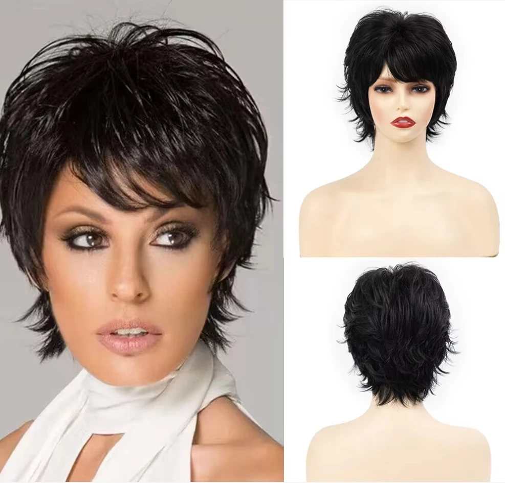 

Synthetic Hair Black Wig with Bangs Short Curly Wig for White Woman High Temperature Ombre Mommy Wig for Daily Wear