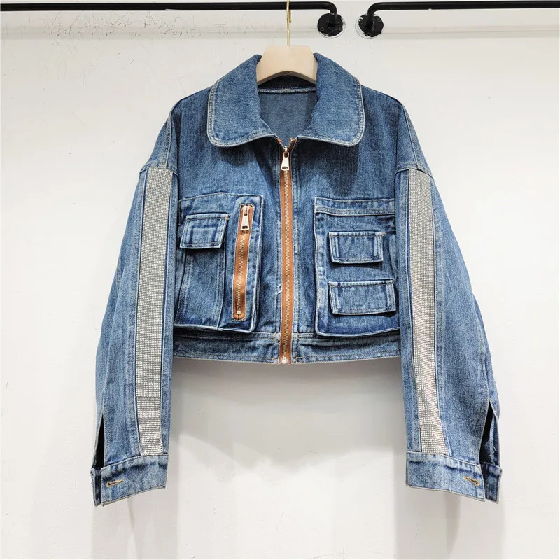 

Hot Drilling Long Sleeve Loose Short Denim Jacket Women Korean Cowboy Outerwear Spring Autumn Big Pocket Jeans Jackets Female