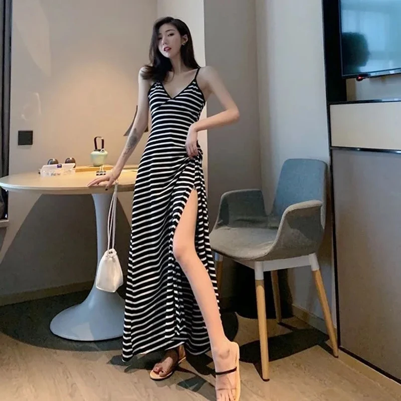 Women V Neck Camis Dress Summer Sexy Backless High Waist Side Split Midi Dress Female Korean Slim Spaghetti Straps A Line Dress