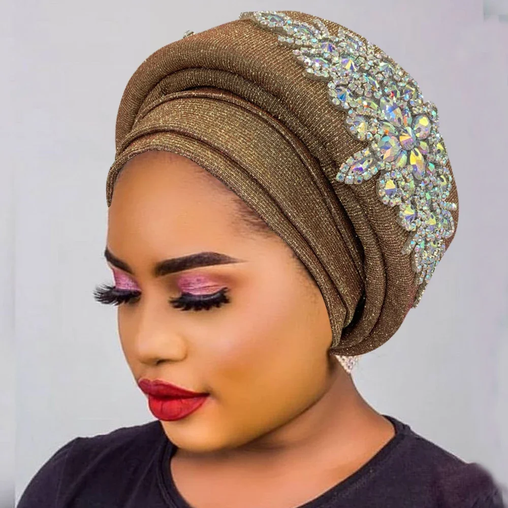 Afrikanische Wickel kopf Kopf bedeckung Nigeria Auto Gele Headtie Turbante Mujer Luxus Strass Turban Hut für Frauen Glitzer