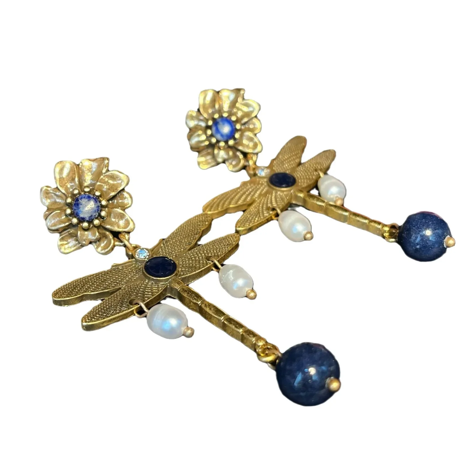 Antique Dragonfly Freshwater Pearl Earrings European and American Retro Personality Lapis Lazuli Exaggerated Vintage Earrings