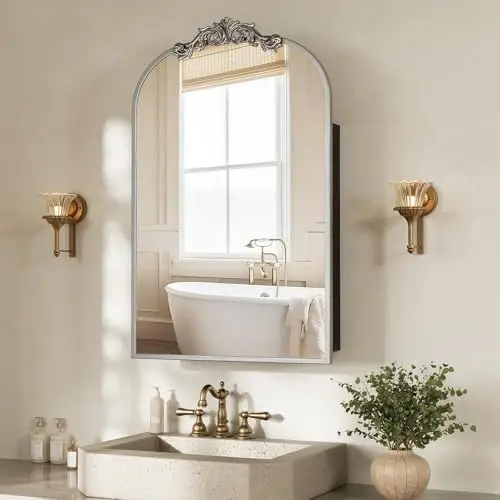 24x35 Inch Vintage Bathroom Medicine Cabinet Mirror Storage Silver | Easy Install Tempered Glass Mirror, Durable