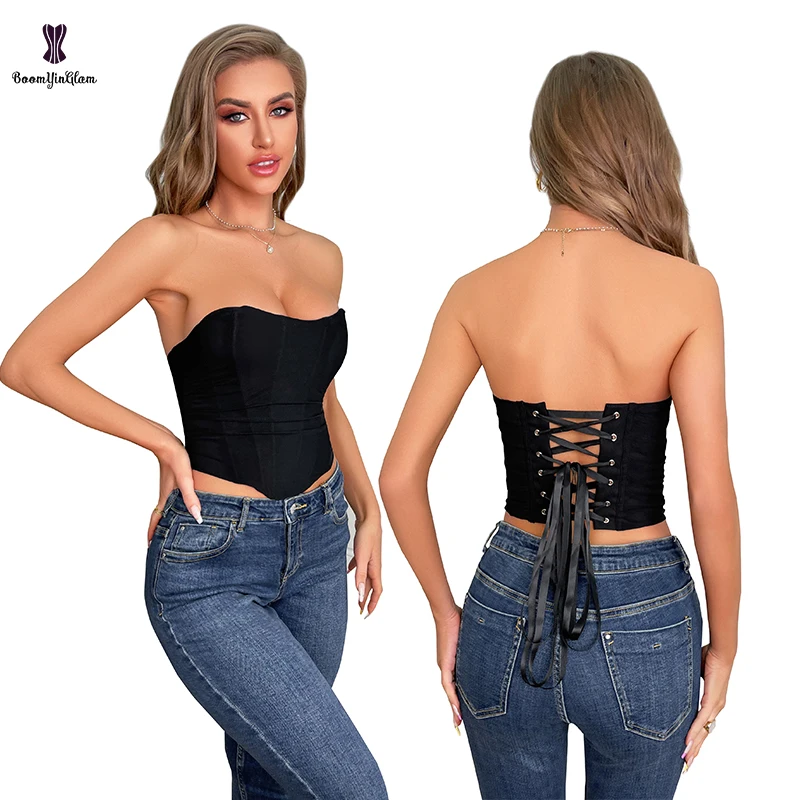 Plus Size S-xxxl Backless Body Shapewear Mesh Hourglass Bustier Lace Up Boned Ruched Hem Crop Top Strapless Corset For Women