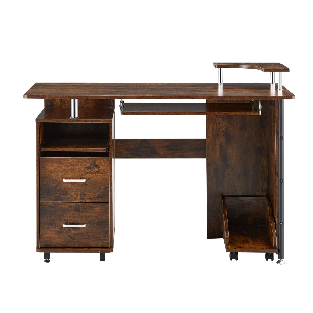 solid wood computer Desk,office table with PC droller, storage shelves and file cabinet with two drawers, CPU tray