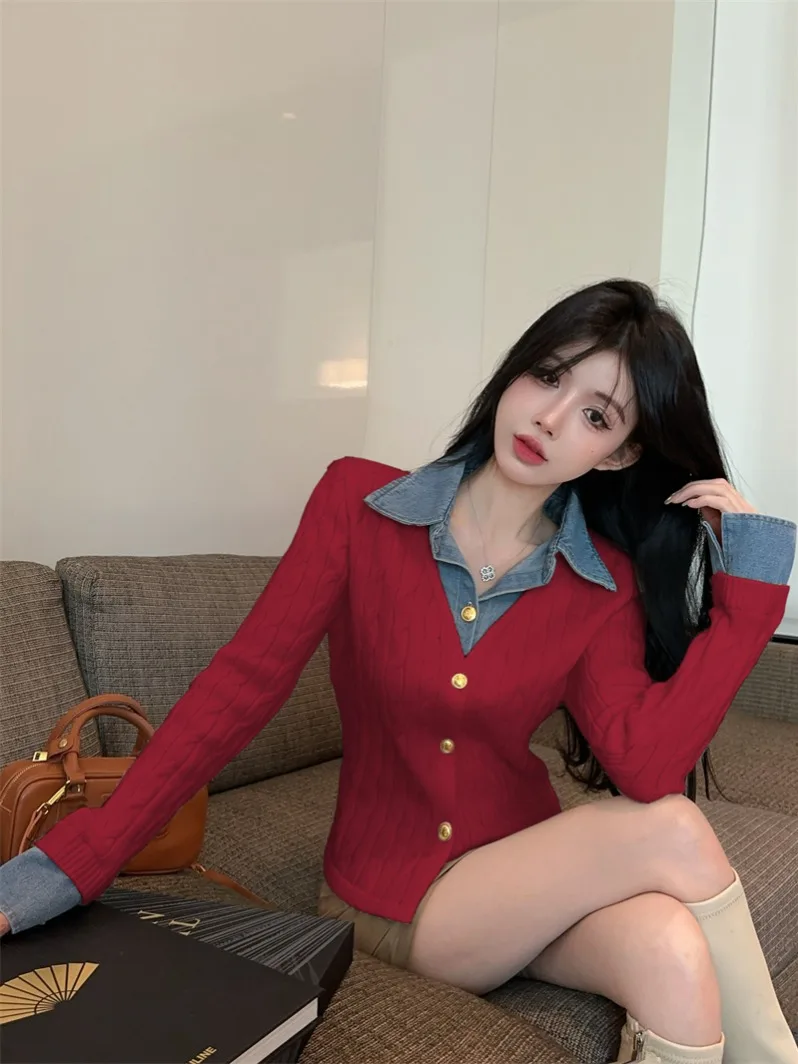 Pull en tricot à effet deux pièces unique en denim Ne Splice, design féminin, coupe slim, haut long, style coréen, vêtement quotidien