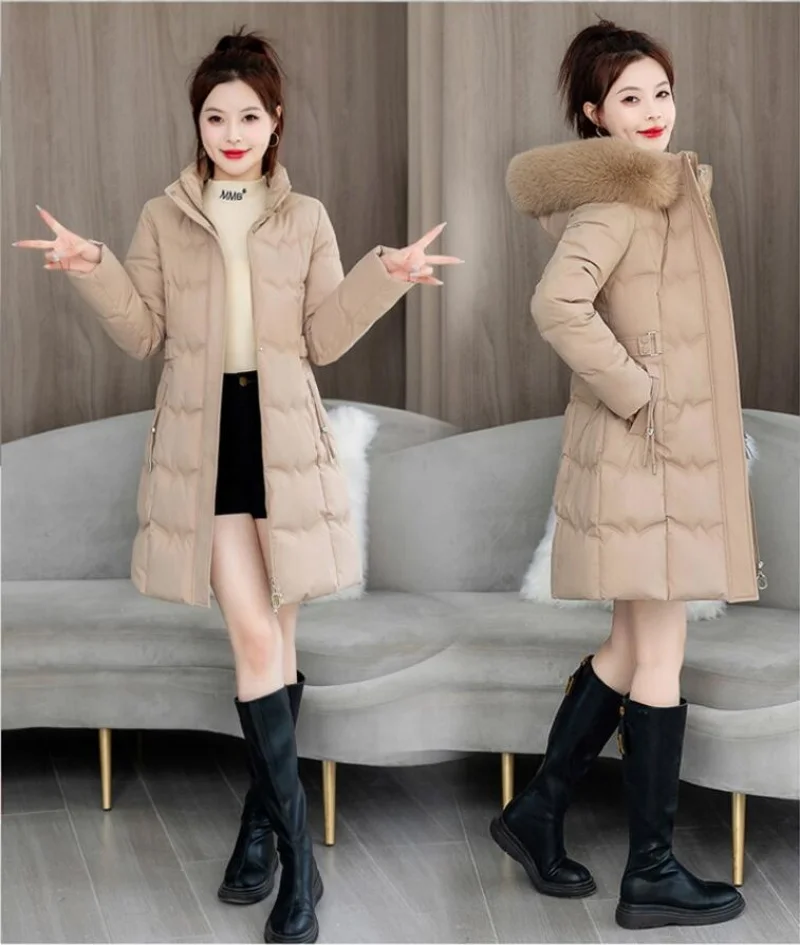 

High-End down Cotton Coat Women's Winter New Sle Korean Version Mid-Length Thiened Warm Coat with Large Fur Collar