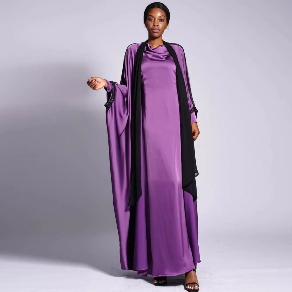 

2 Pieces Set Muslim Women Satin Open Abaya Kimono Cardigan Maxi Dress Islam Outfits Dubai Kaftan Turkey Robe Caftan Eid Djellaba
