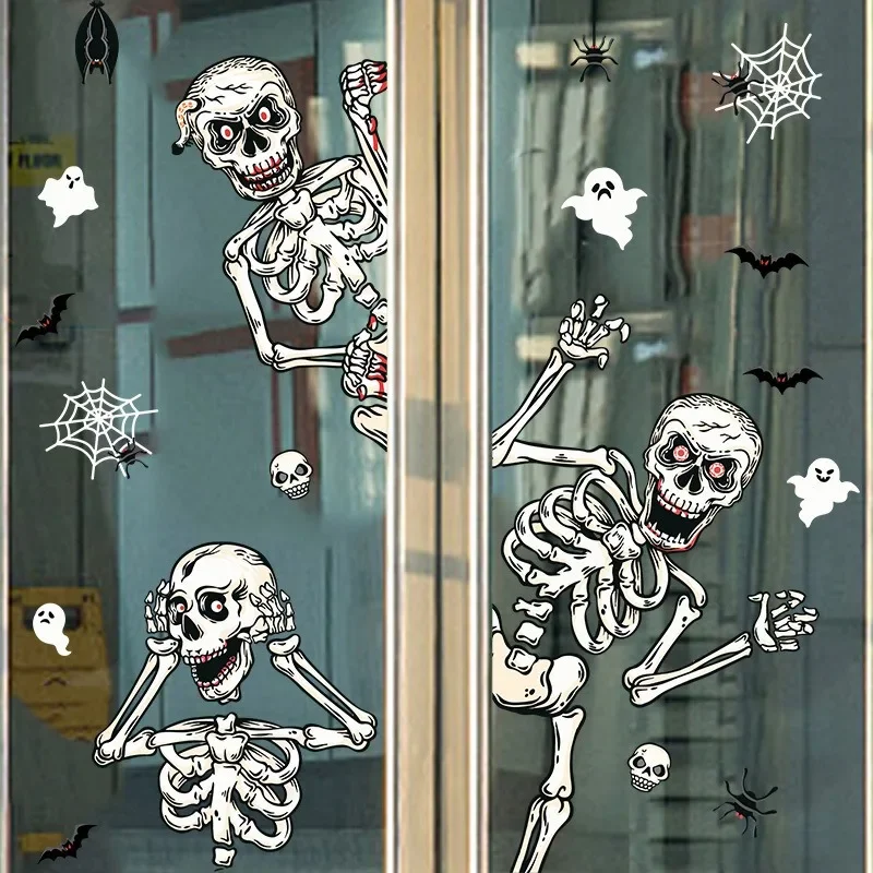 Halloween Static Window Stickers Terrifying Skeleton Man Skull Sticker Happy 2024 Halloween Party Decor For Home Kids Favor