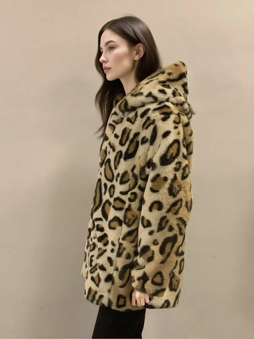 Neue Leopard Print Mit Kapuze Mantel Winter Mode Persönlichkeit Dicke Warme Mantel frauen Faux Pelzmantel
