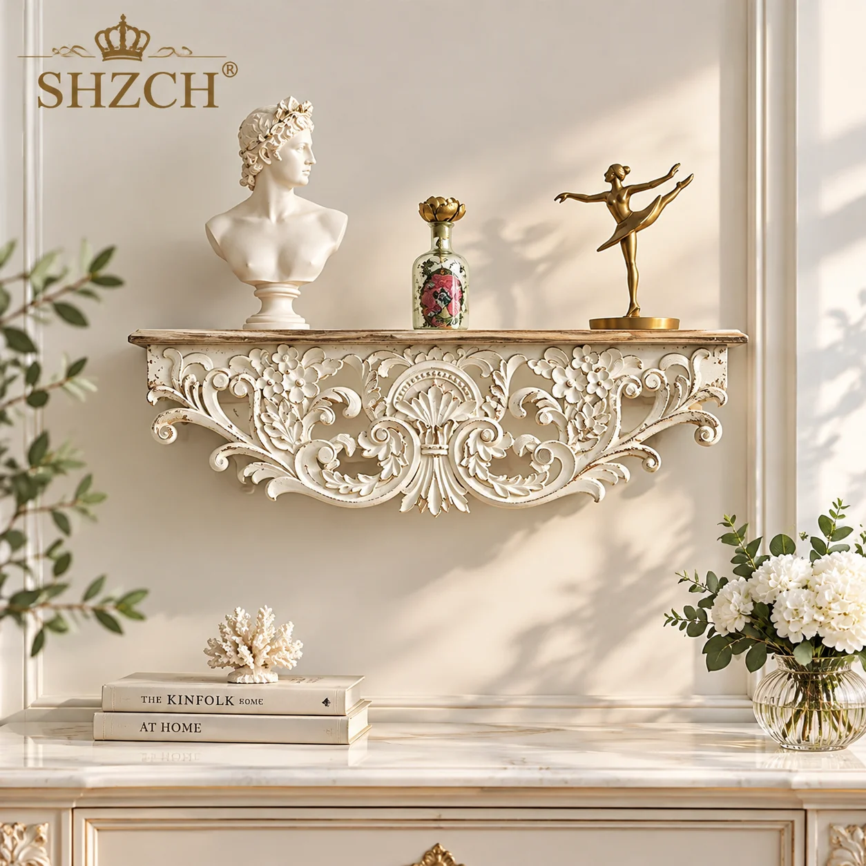White Distressed Corbel Mantel Shelf, French Country, Living Room Decoration, 31 Inch