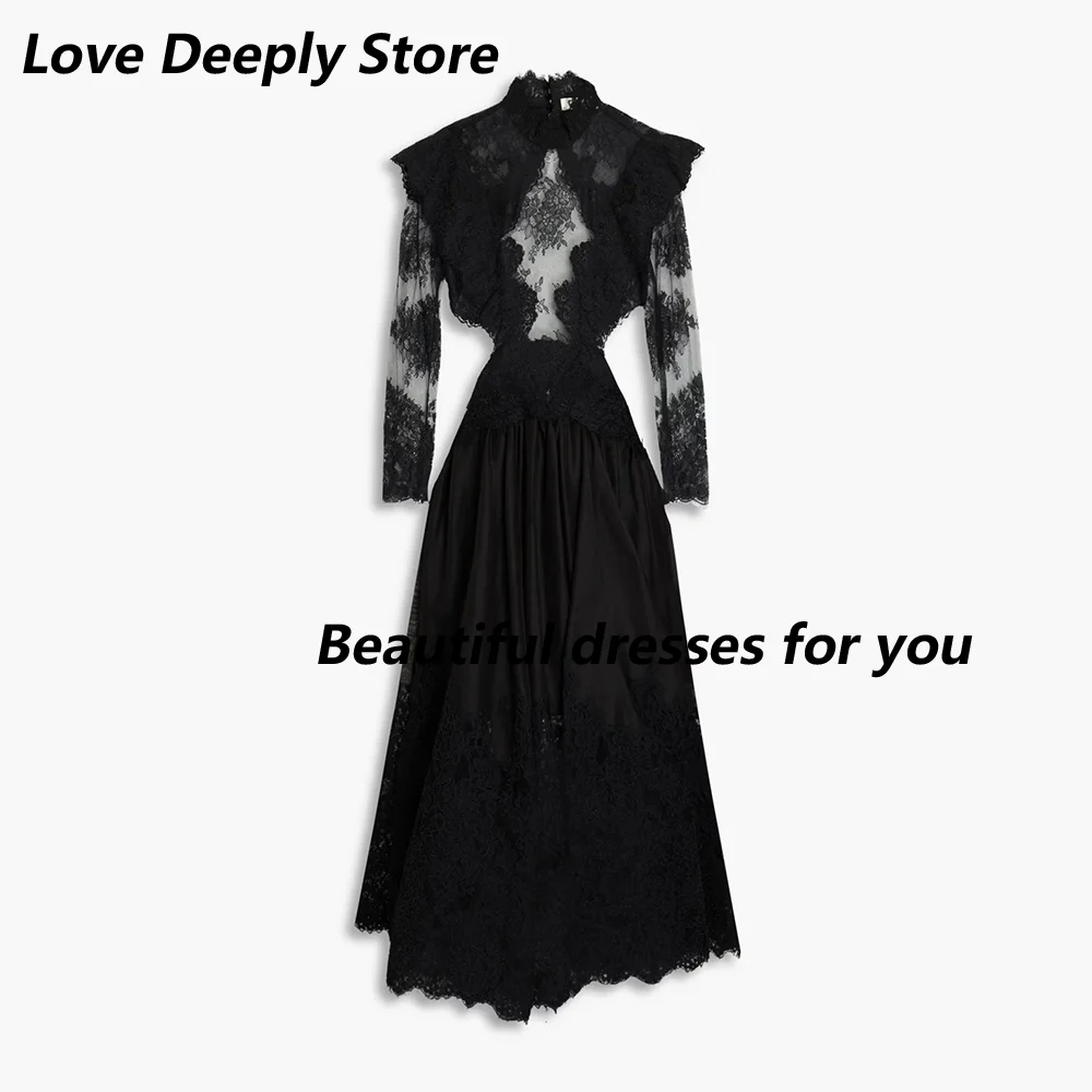 블랙 레이스 이브닝 드레스 맞춤형 하이 넥 긴 소매 댄스 파티 드레스 우아한 백리스 a 라인 특별 행사 가운 2025