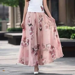Chiffon Skirts Ink Painting Print Spring Summer Floral Long Skirt Elegant Chic A-Line Full Length Skirt Ankle Beach Skirts Zmzb