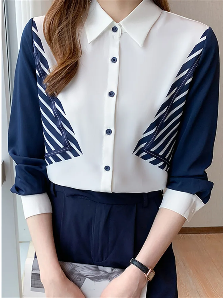 #3142 Womens Tops And Blouses Long Sleeve Spliced Color Slim Office Shirt Single Breasted Chiffon Shirts Elegant Woman Clothes