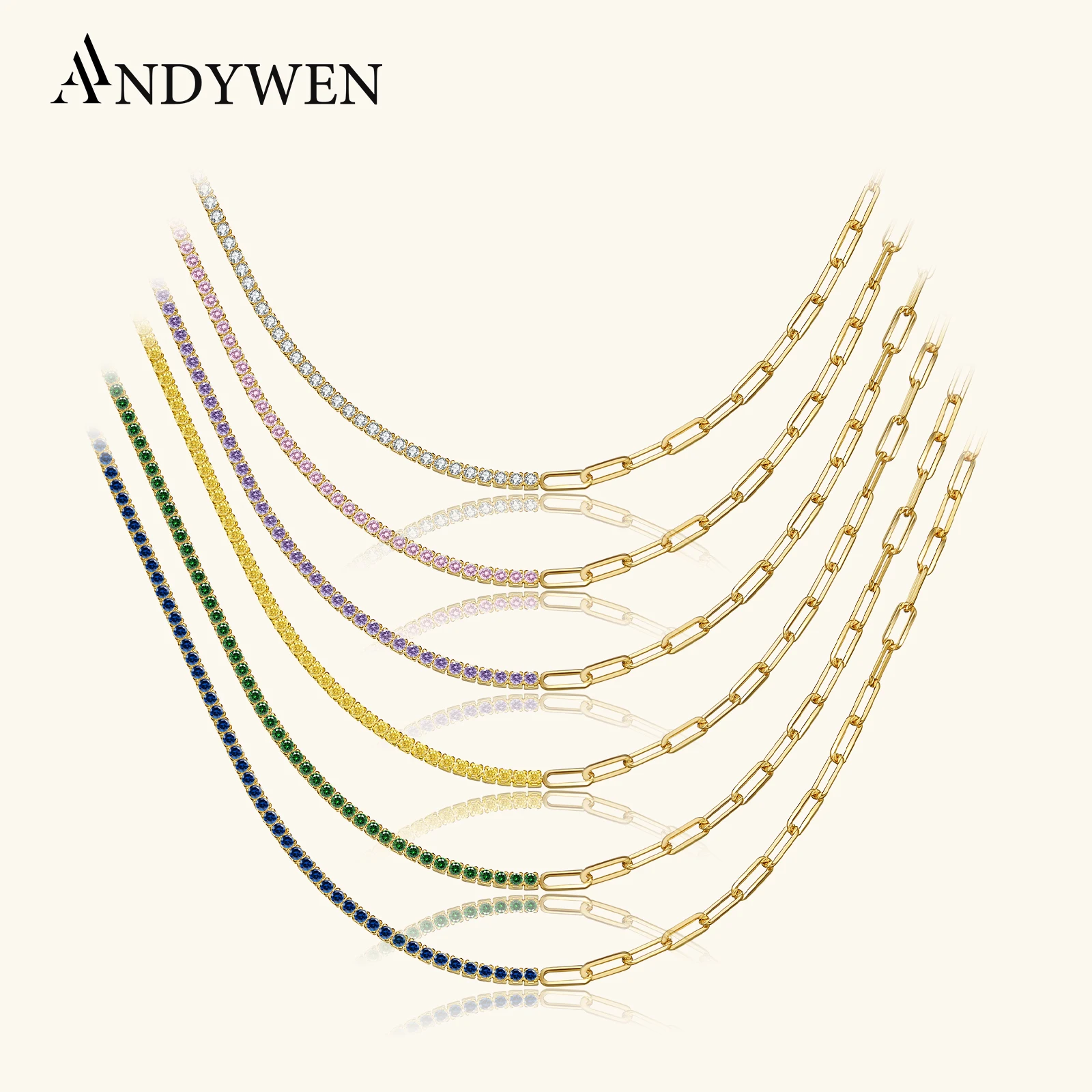 ANDYWEN Srebro Próby 925 Kolorowy Naszyjnik Choker z Cyrkoniami Tenisowymi 2021 Tęczowy Wisiorek Długi Łańcuszek Biżuteria Horoskop CZ Prezent dla Kobiet