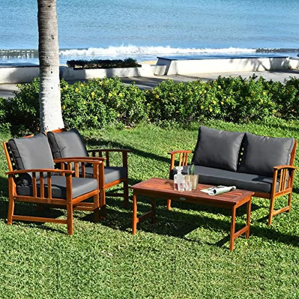 Acacia Wood Patio Furniture Set Outdoor Seating Chat Set with Gray Cushions Ergonomic Design Sofa Multipurpose 4-piece Furniture