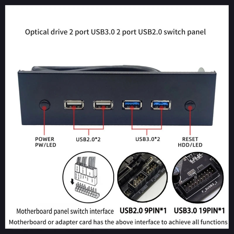 Papan Driver Depan USB 5.25 Inci Portabel 19 Pin / 9 Pin USB USB 2.0 Dropship
