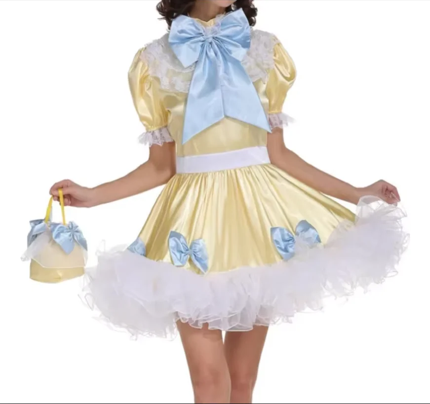 

Hot Sissy Sexy Maid Yellow Bow Princess Girl Dress Satin Fluffy Cross Dressing Cross Gender Role Play Costume Custom Lockable