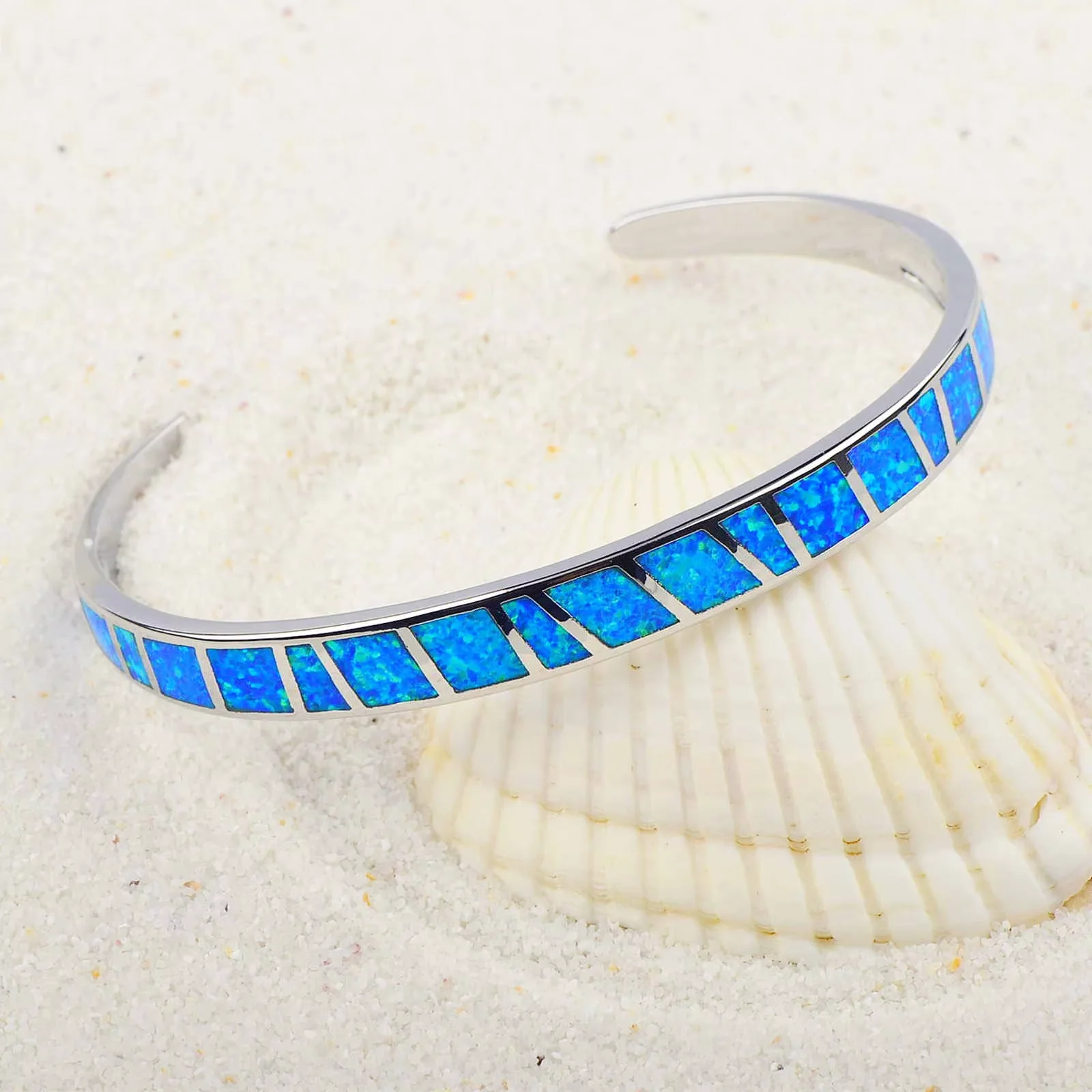 Blaues Opal-Manschettenarmband für Damen, silberfarbenes Statement-Armreif, stapelbarer Boho-Schmuck als Geschenk für Mädchen und Frauen – Detail 16