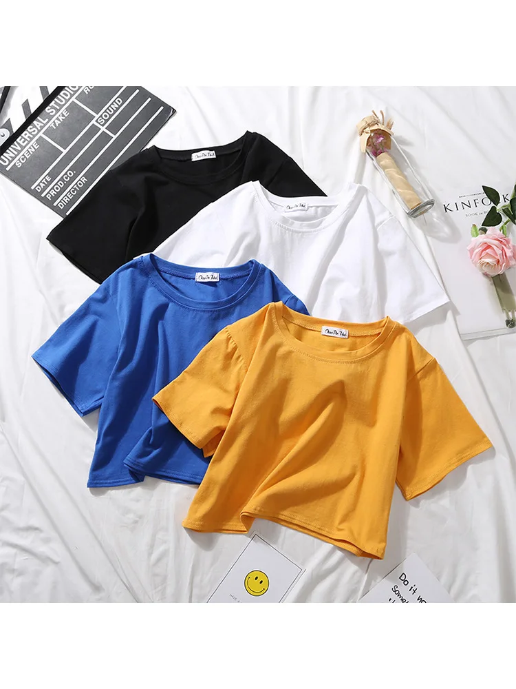

2020 Summer Short Sleeve T Shirts Women Cotton Solid T-shirt O Neck High Waist Crop Top Tee Female Casual Loose T Shirt