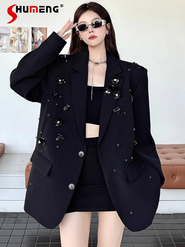 

Blazers Women 2025 Autumn New 3D Flower Brooch Loose Long Sleeve Chic Tailored Coats High-End Unique Beautiful Suit Jackets Tops